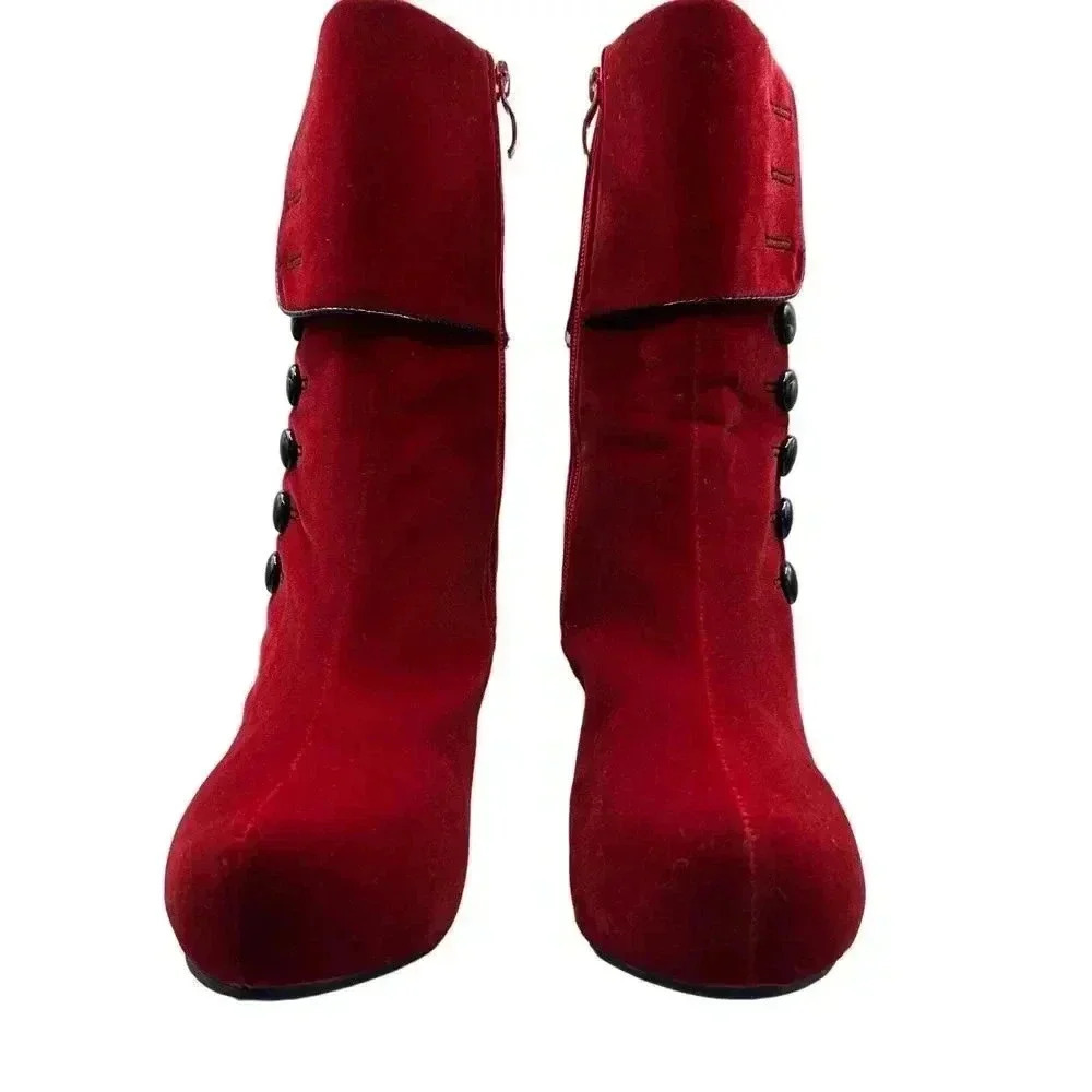Red Velvet Victorian Inspired Platform Booties Button Accent Stiletto Heel - Picture 13 of 16